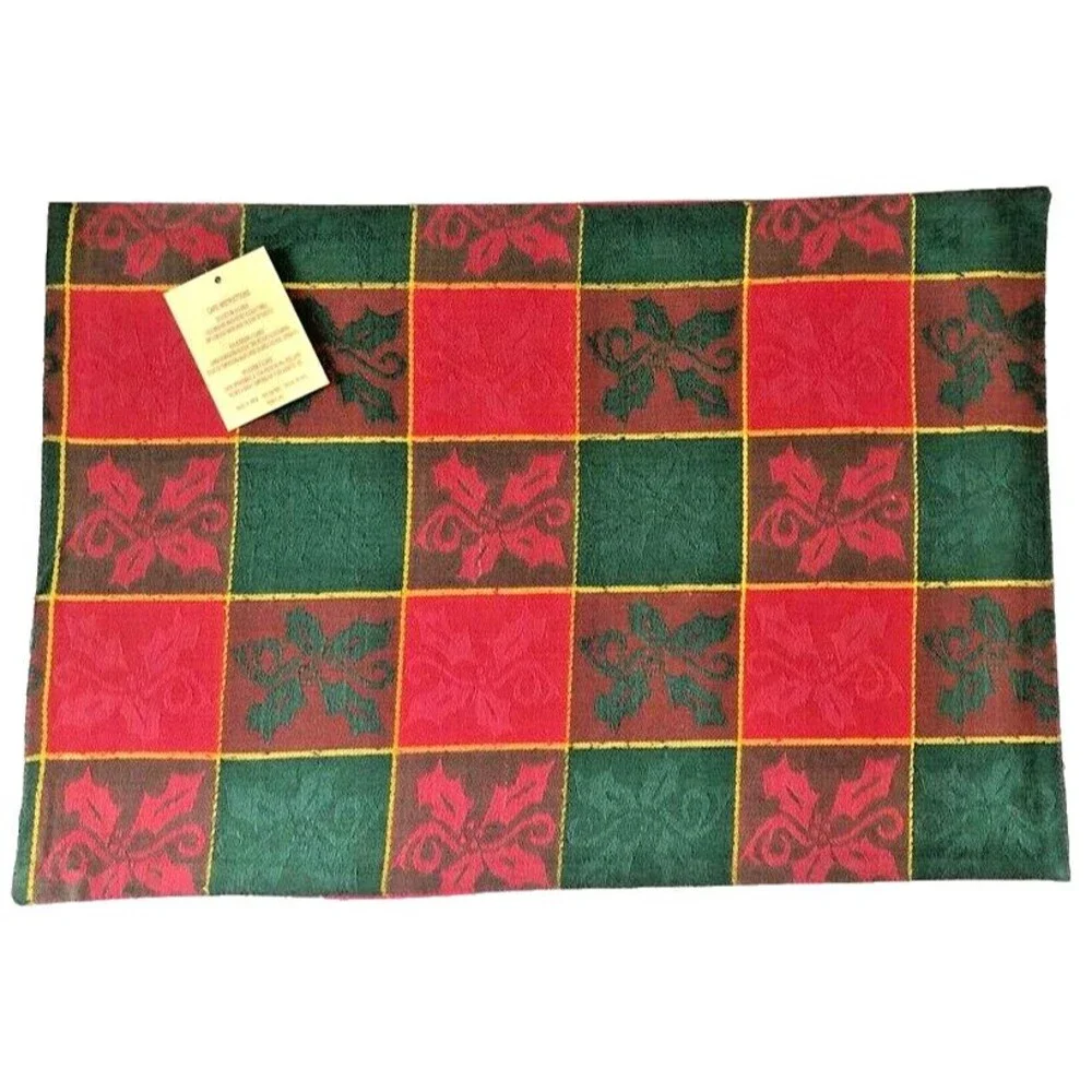 Lintex Christmas Plaid Placemats Holly Green Gold Red 13x19 Holiday Set of 4